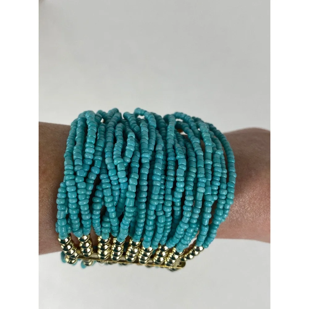 Turquoise Blue Multi Strand‎ Seed Bead Cuff Bracelet Gold Tone Statement Wide